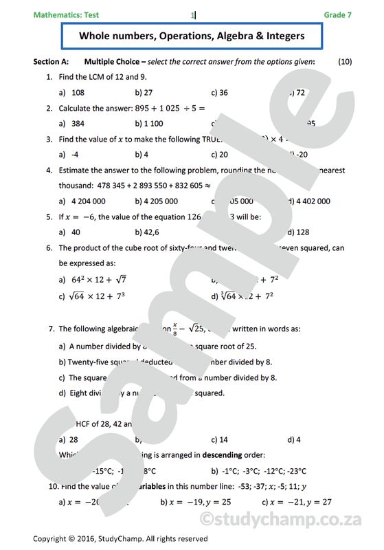 Grade 7 Mathematics Test: Operations, Integers and Algebra