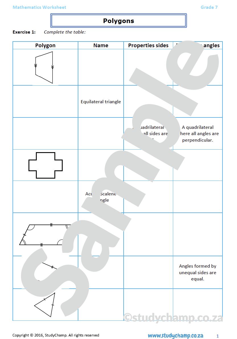 Grade 7 Mathematics Worksheet: Geometry - Polygons and Triangles