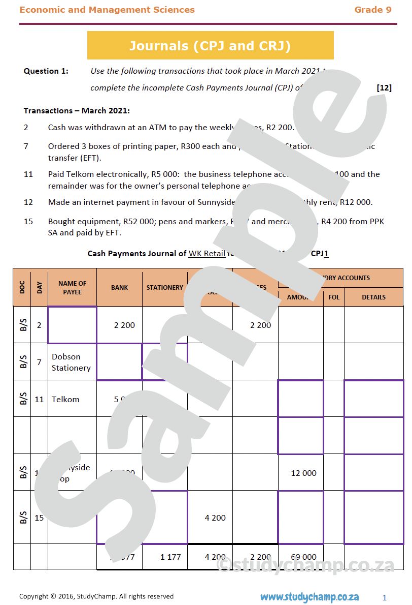 Grade 9 EMS Test: Journals - trading businesses