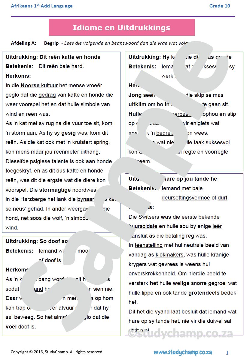 Grade 10 Afrikaans: Begrip en Taal - Uitdrukkings