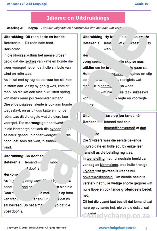 Grade 10 Afrikaans: Begrip en Taal - Uitdrukkings