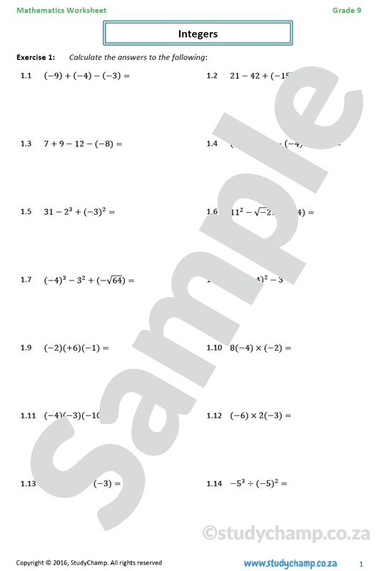 Grade 9 Mathematics Worksheet: Integers 2