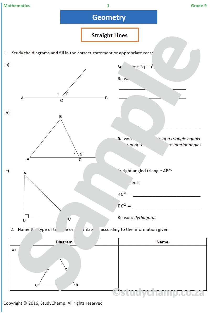 Grade 9 Mathematics Worksheet: Geometry - Straight Lines