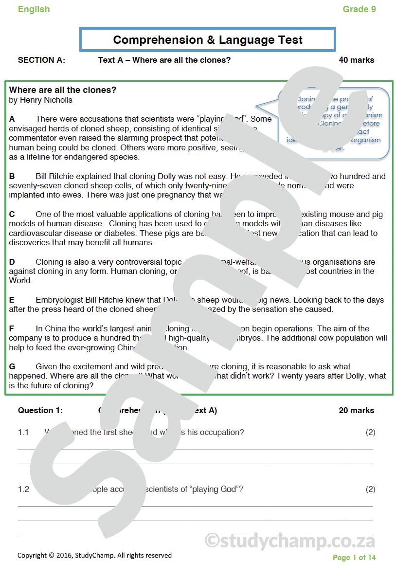 Grade 9 English: Comprehension and Language - Cloning