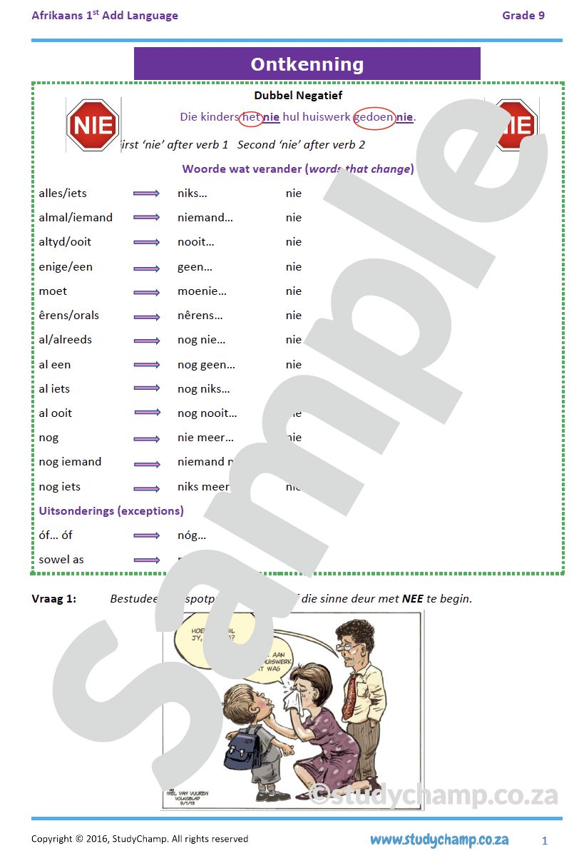 Grade 9 Afrikaans: Ontkenning