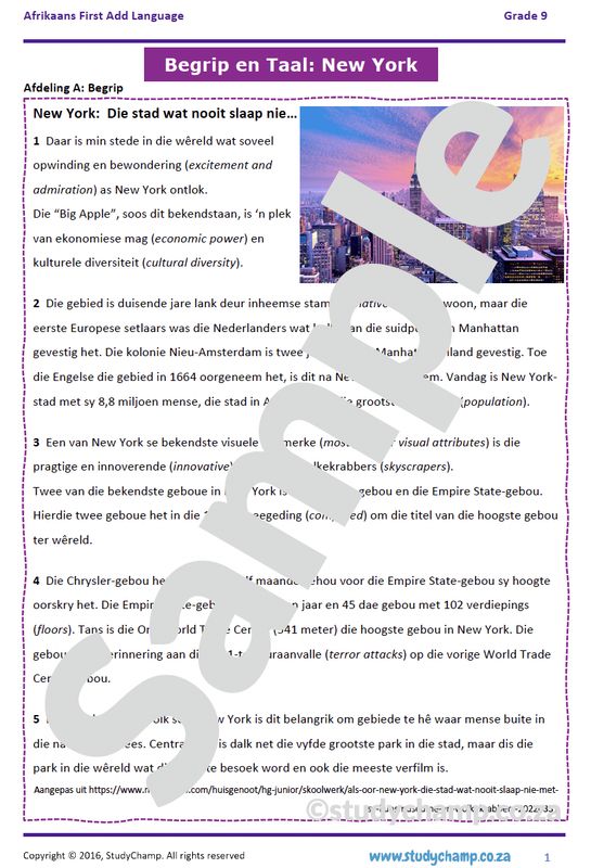 Grade 9 Afrikaans: Begrip en Taal - New York