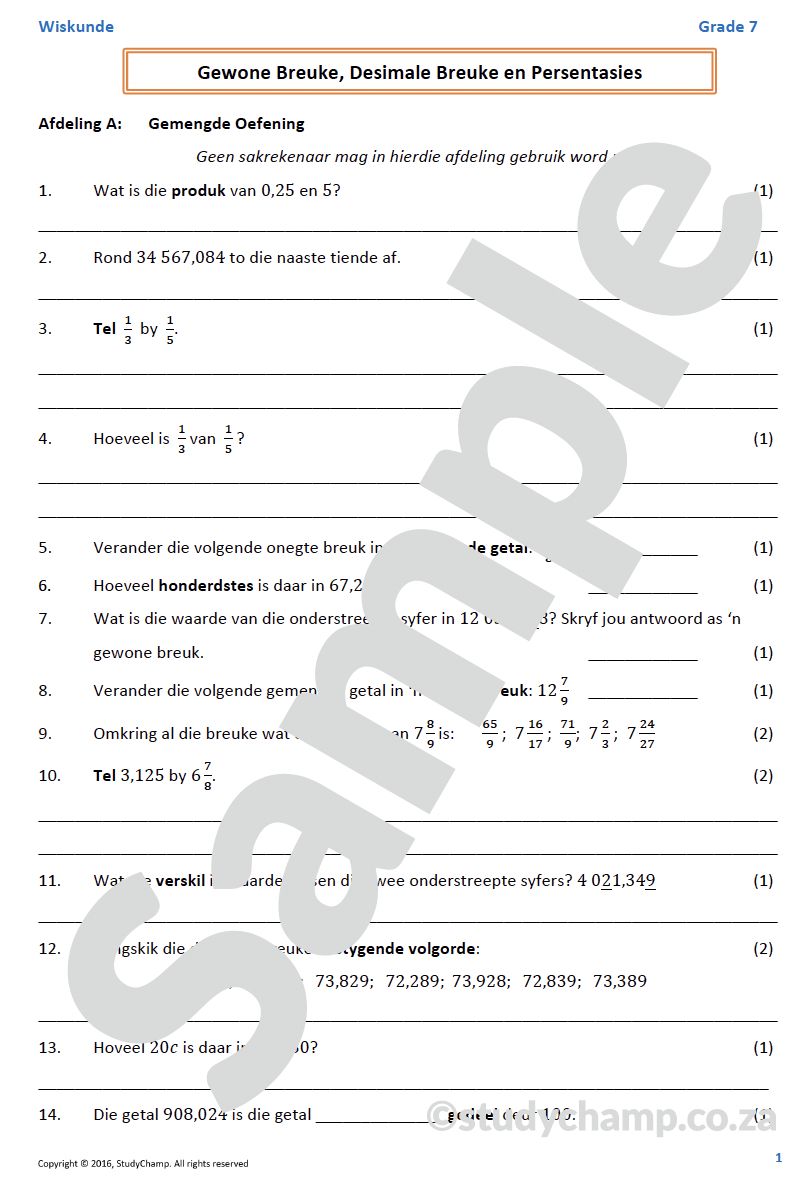 Graad 7 Wiskunde Halfjaar Hersiening: Werkboeke 1 tot 3
