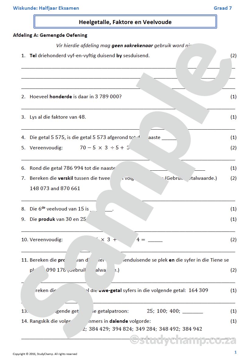 Graad 7 Wiskunde Halfjaar Hersiening: Werkboeke 1 tot 3