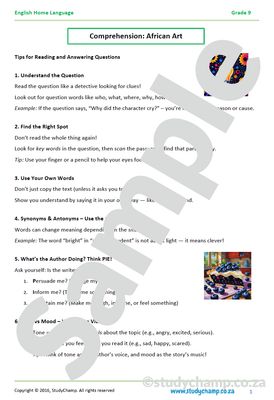 Grade 9 English: Comprehension - African Art