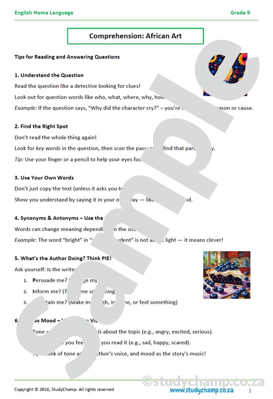 Grade 9 English: Comprehension - African Art