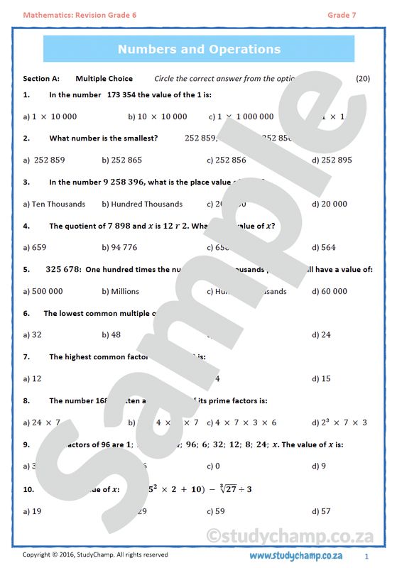 Grade 7 Mathematics Test: Revision Grade 6