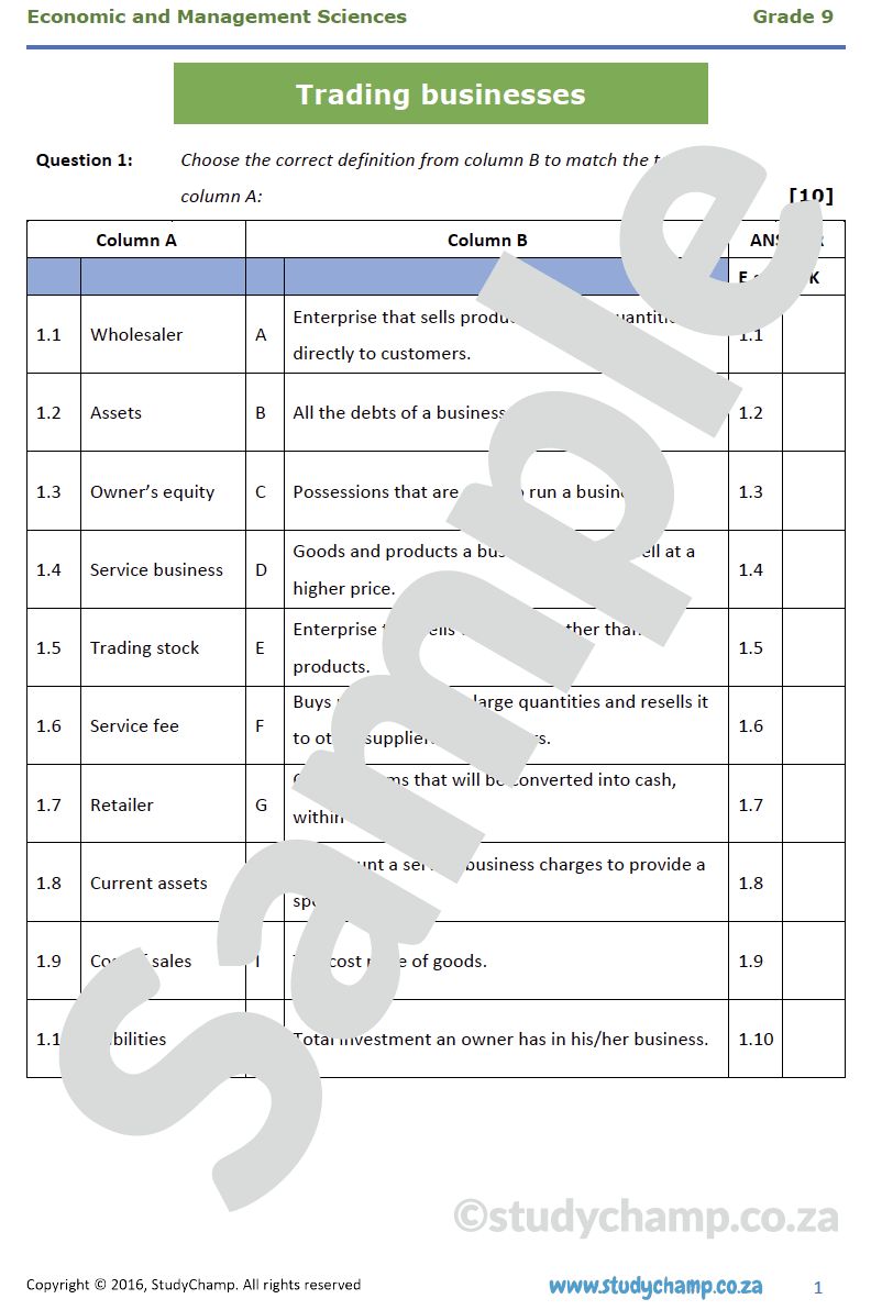 Grade 9 EMS Test: Trading Businesses