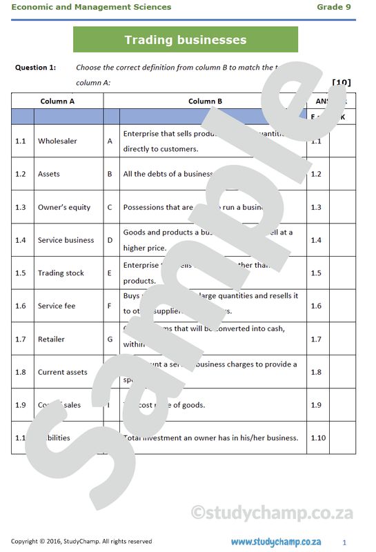 Grade 9 EMS Test: Trading Businesses