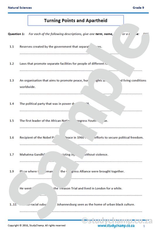 Grade 9 History Test: Turning points in modern South African History