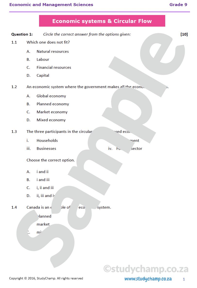Grade 9 EMS Test: Economic Systems and Circular Flow