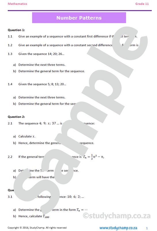Grade 11 Mathematics Worksheet: Number Patterns