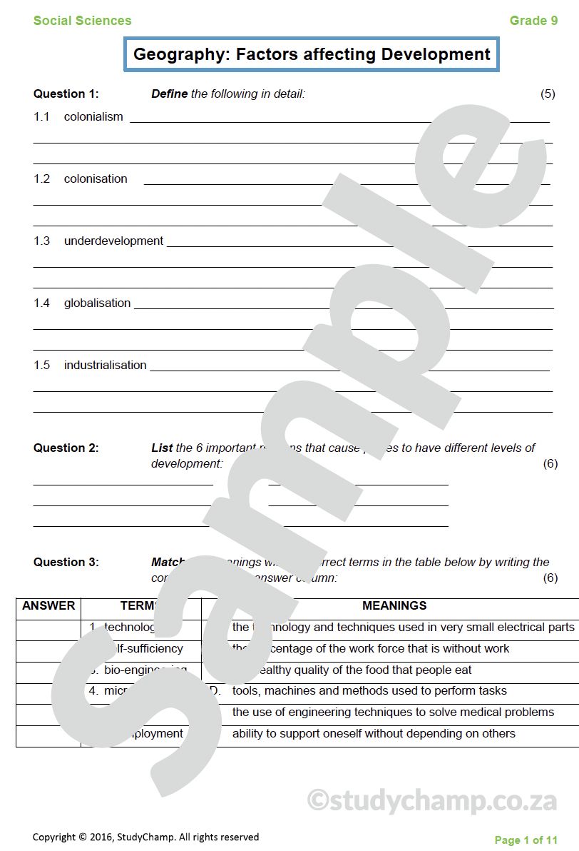 Grade 9 Geography Test: Factors affecting Development