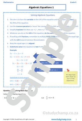 Grade 9 Mathematics Worksheet: Algebraic Equations 2