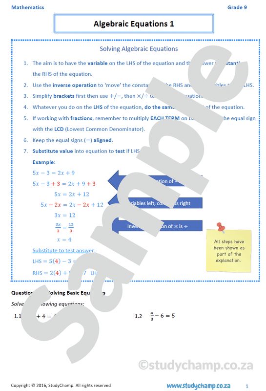 Grade 9 Mathematics Worksheet: Algebraic Equations 2