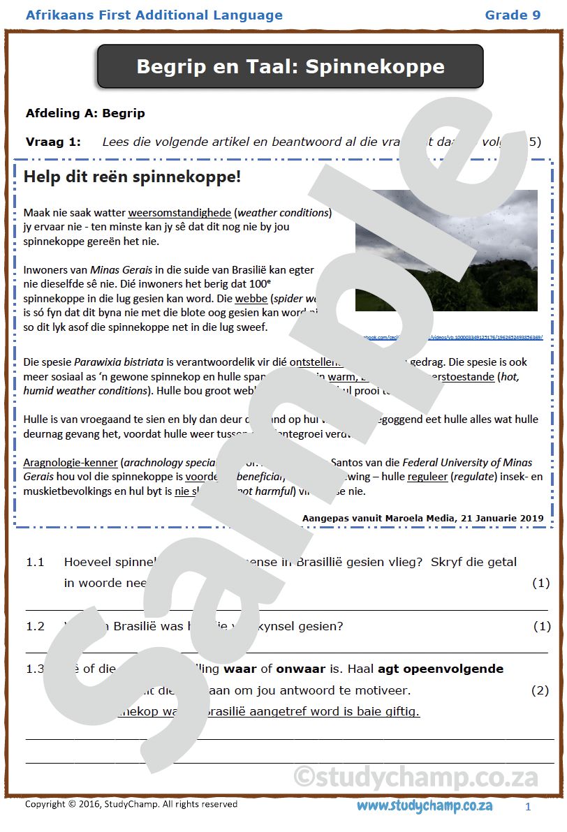 Grade 9 Afrikaans: Begrip en Taal - Spinnekoppe