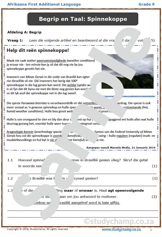Grade 9 Afrikaans: Begrip en Taal - Spinnekoppe