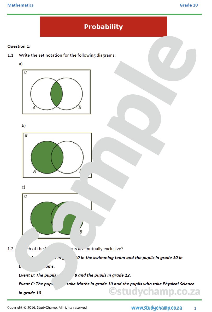 Grade 10 Mathematics Worksheet: Probability