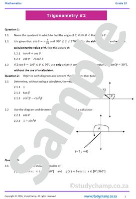 Grade 10 Mathematics Worksheet: Trigonometry 2
