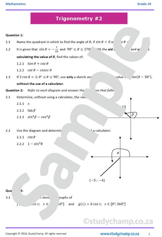 Grade 10 Mathematics Worksheet: Trigonometry 2