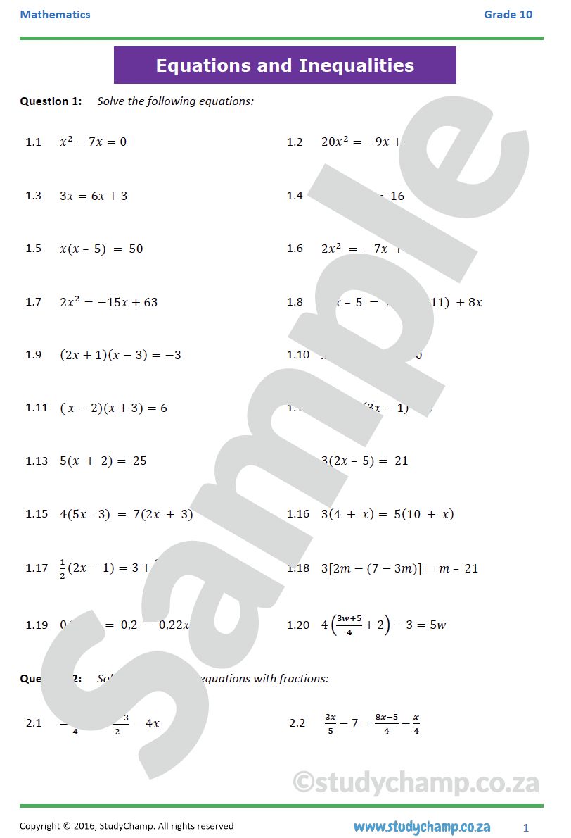 Grade 10 Mathematics Worksheet: Equations and Inequalities