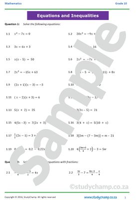 Grade 10 Mathematics Worksheet: Equations and Inequalities