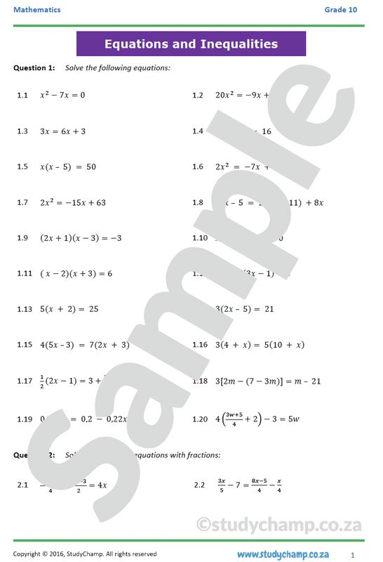 Grade 10 Mathematics Worksheet: Equations and Inequalities