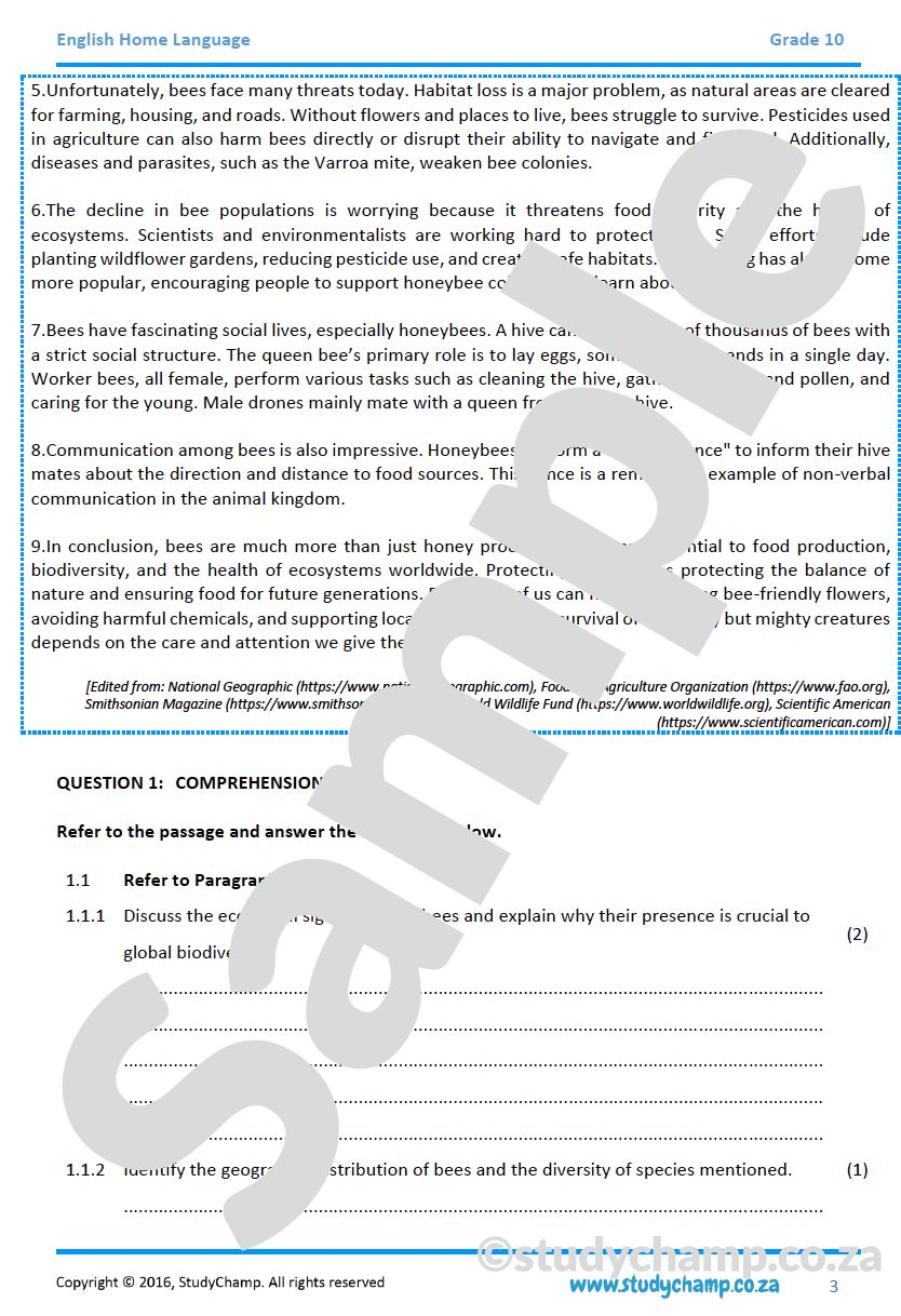 Grade 10 English: Comprehension - Bees
