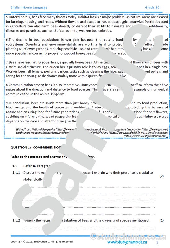 Grade 10 English: Comprehension - Bees