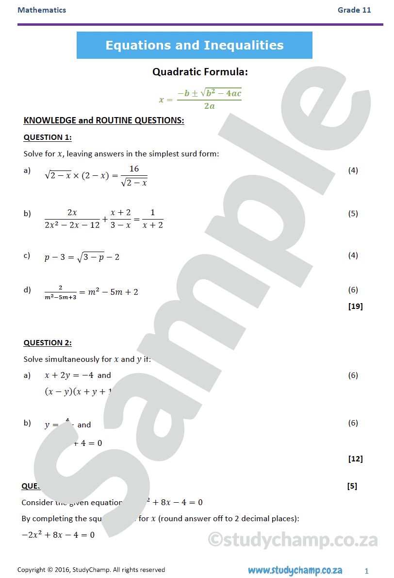Grade 11 Mathematics Test: Quadratic Equations and Inequalities