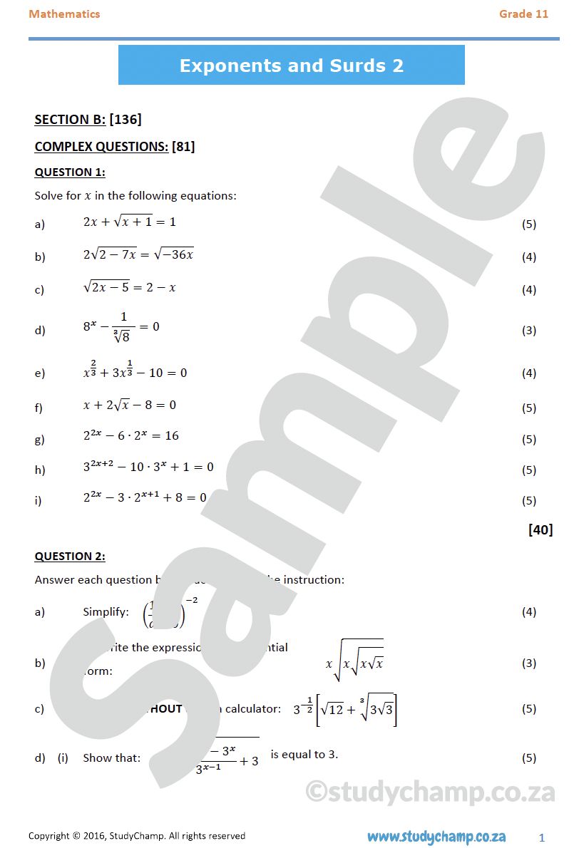 Grade 11 Mathematics Test: Exponents and Surds 2
