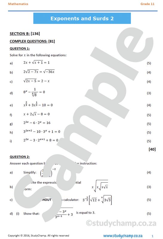 Grade 11 Mathematics Test: Exponents and Surds 2