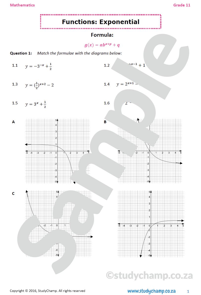 Grade 11 Mathematics Worksheet: Functions - Exponential graphs