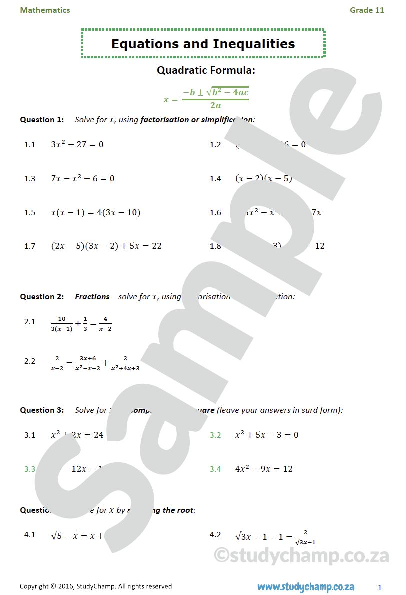 Grade 11 Mathematics Worksheet: Equations and Inequalities