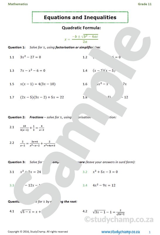 Grade 11 Mathematics Worksheet: Equations and Inequalities