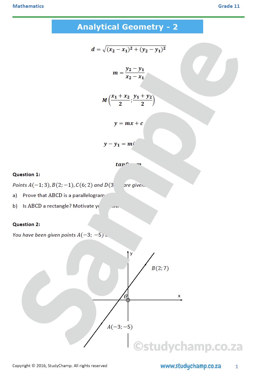 Grade 11 Mathematics Worksheet:  Analytical Geometry 2