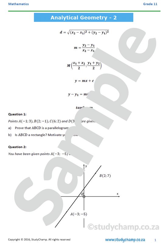 Grade 11 Mathematics Worksheet:  Analytical Geometry 2