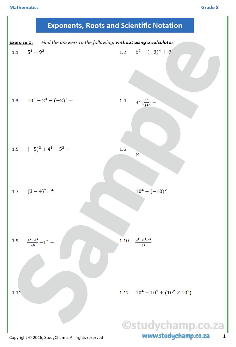Grade 8 Mathematics Worksheet: Exponents and Roots