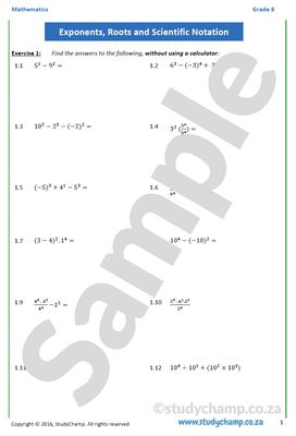 Grade 8 Mathematics Worksheet: Exponents and Roots