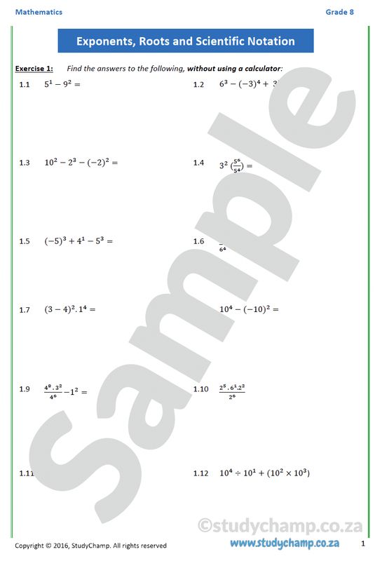 Grade 8 Mathematics Worksheet: Exponents and Roots