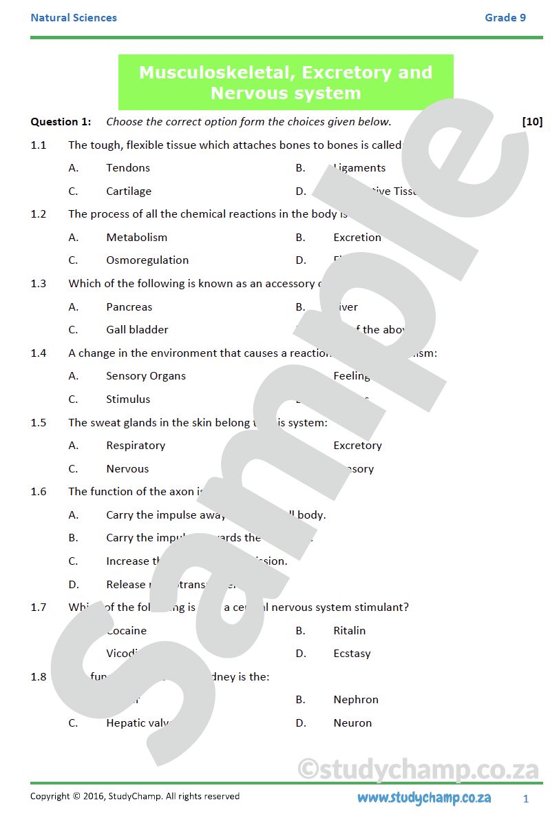Grade 9 Natural Sciences Test: Musculoskeletal , Excretory and Nervous Systems