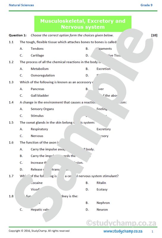 Grade 9 Natural Sciences Test: Musculoskeletal , Excretory and Nervous Systems