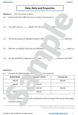 Grade 9 Mathematics Worksheet: Rate, ratio and proportion
