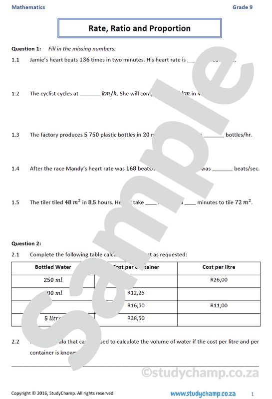 Grade 9 Mathematics Worksheet: Rate, ratio and proportion