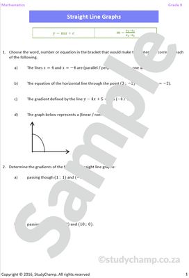 Grade 9 Mathematics Worksheet: Straight Line Graphs