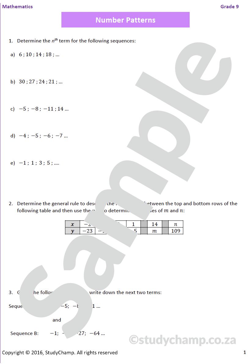 Grade 9 Mathematics Worksheet: Number Patterns